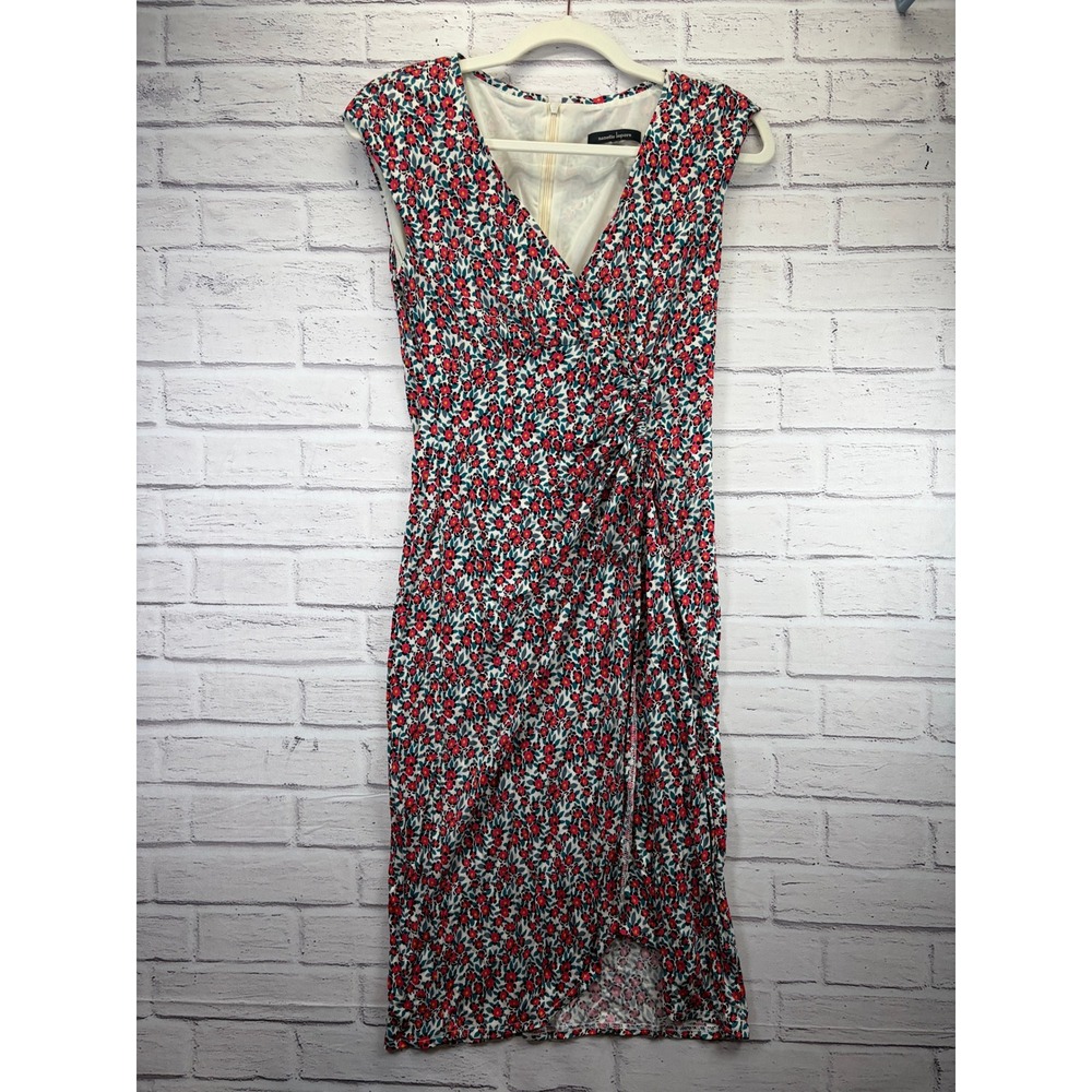 Nanette Lepore Floral Faux Wrap Dress Ruched V-Neck Womens Size 4 Red White Blue